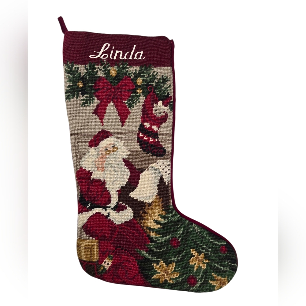 Vintage Needlepoint Santa Christmas Stocking "Linda"